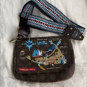 Louis Vuitton Brown Monogram Nantucket Map Crossbody Bag with Blue Accent Strap